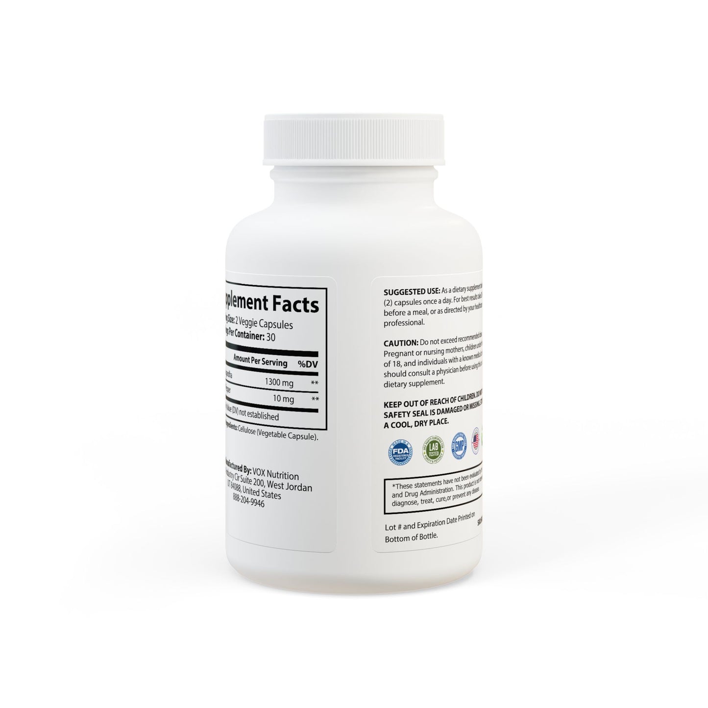 Ashwagandha supplement bottle with black pepper for stress management