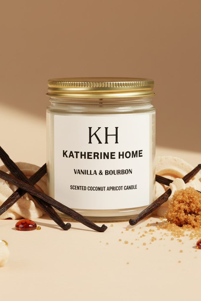 Katherine Home vanilla and bourbon scented candle with vanilla beans and brown sugar on a beige background