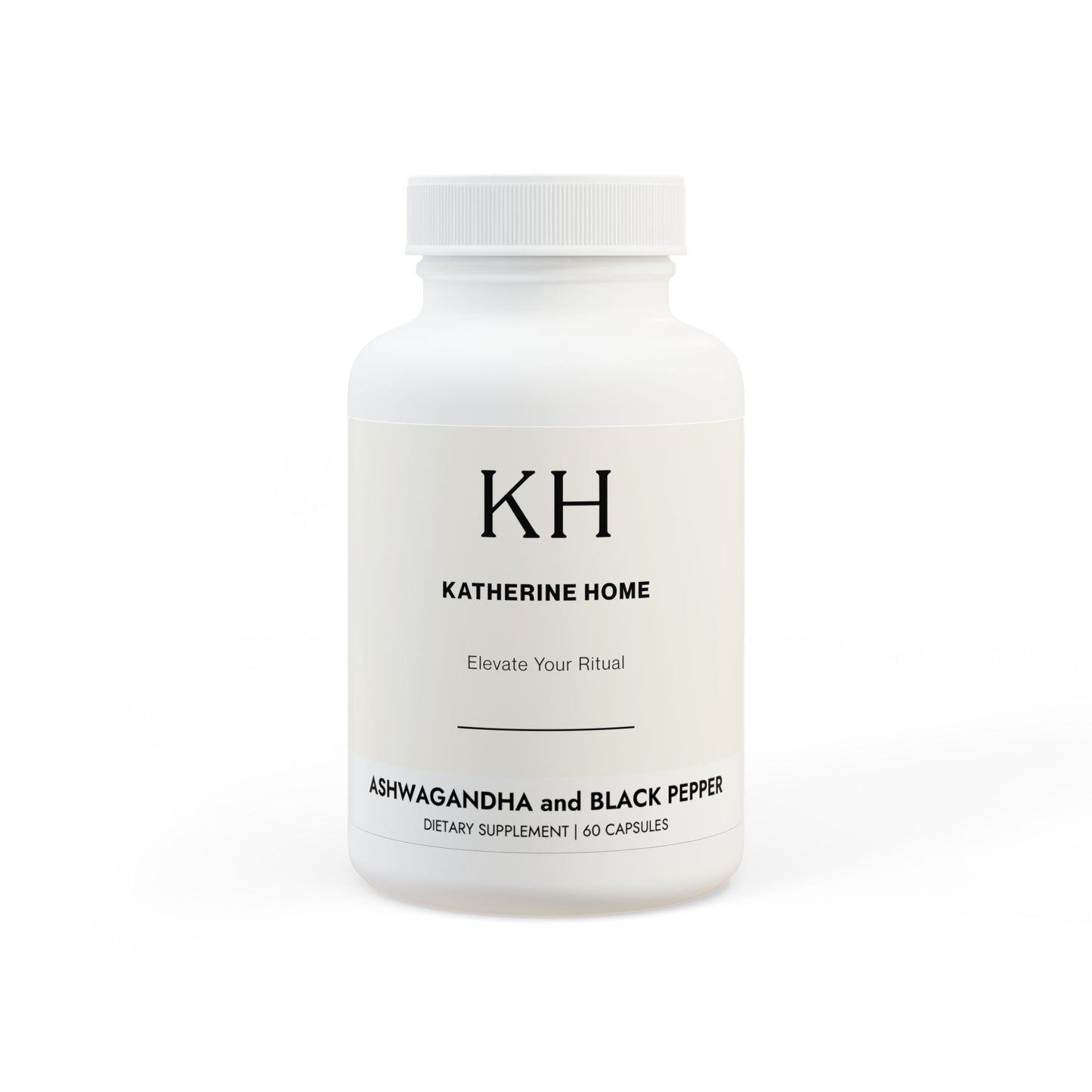Ashwagandha and Black Pepper supplement bottle by Katherine Home, 60 capsules for stress management and well-being support.