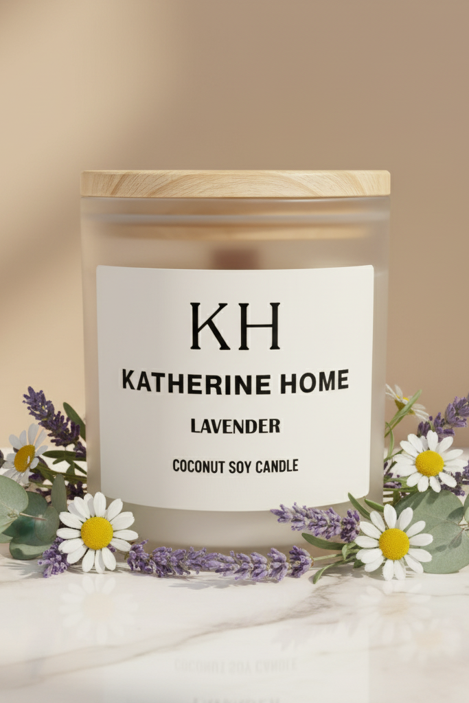 Candle with 'Katherine Home' label surrounded by flowers on a beige background