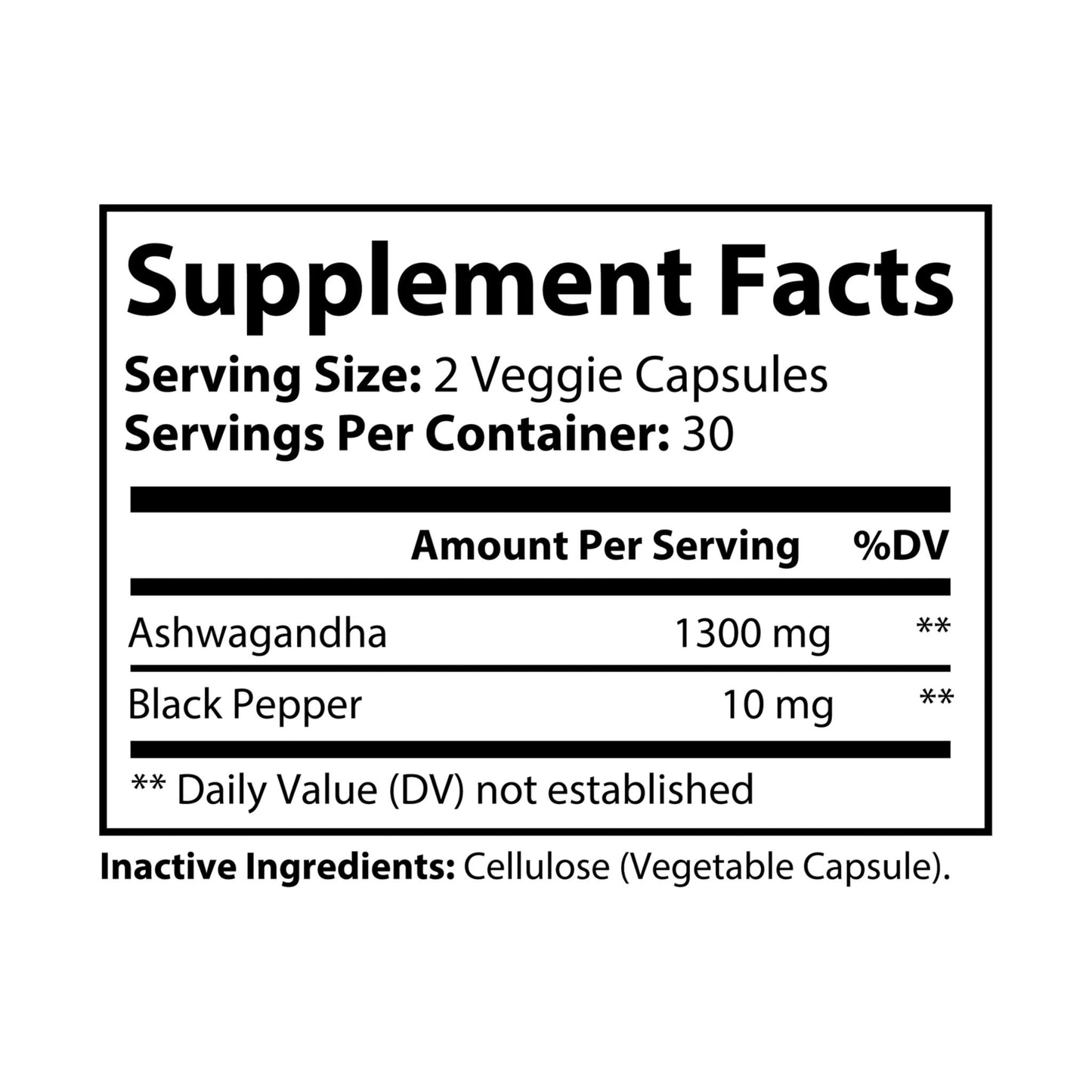 Supplement facts for Ashwagandha and Black Pepper, serving size 2 capsules, 1300 mg Ashwagandha, 10 mg Black Pepper per serving.