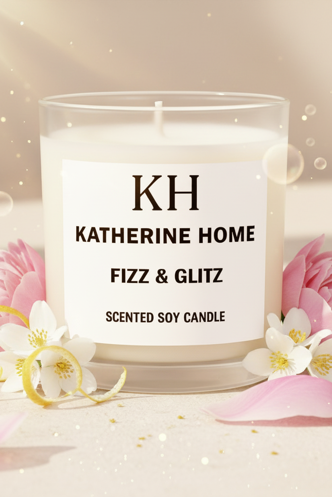 Scented soy candle labeled 'KH Katherine Home Fizz & Glitz' with decorative flowers and petals on a soft background.