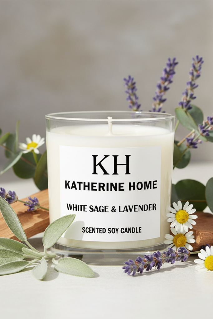Scented candle labeled 'KH Katherine Home' with lavender and eucalyptus leaves on a neutral background