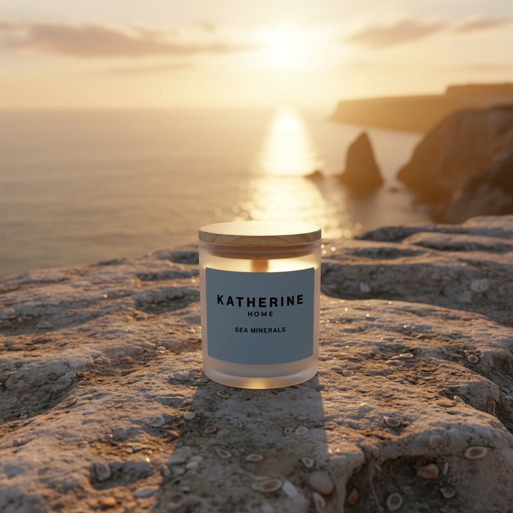 Candle labeled 'Katherine Home' on a rocky surface with a scenic background