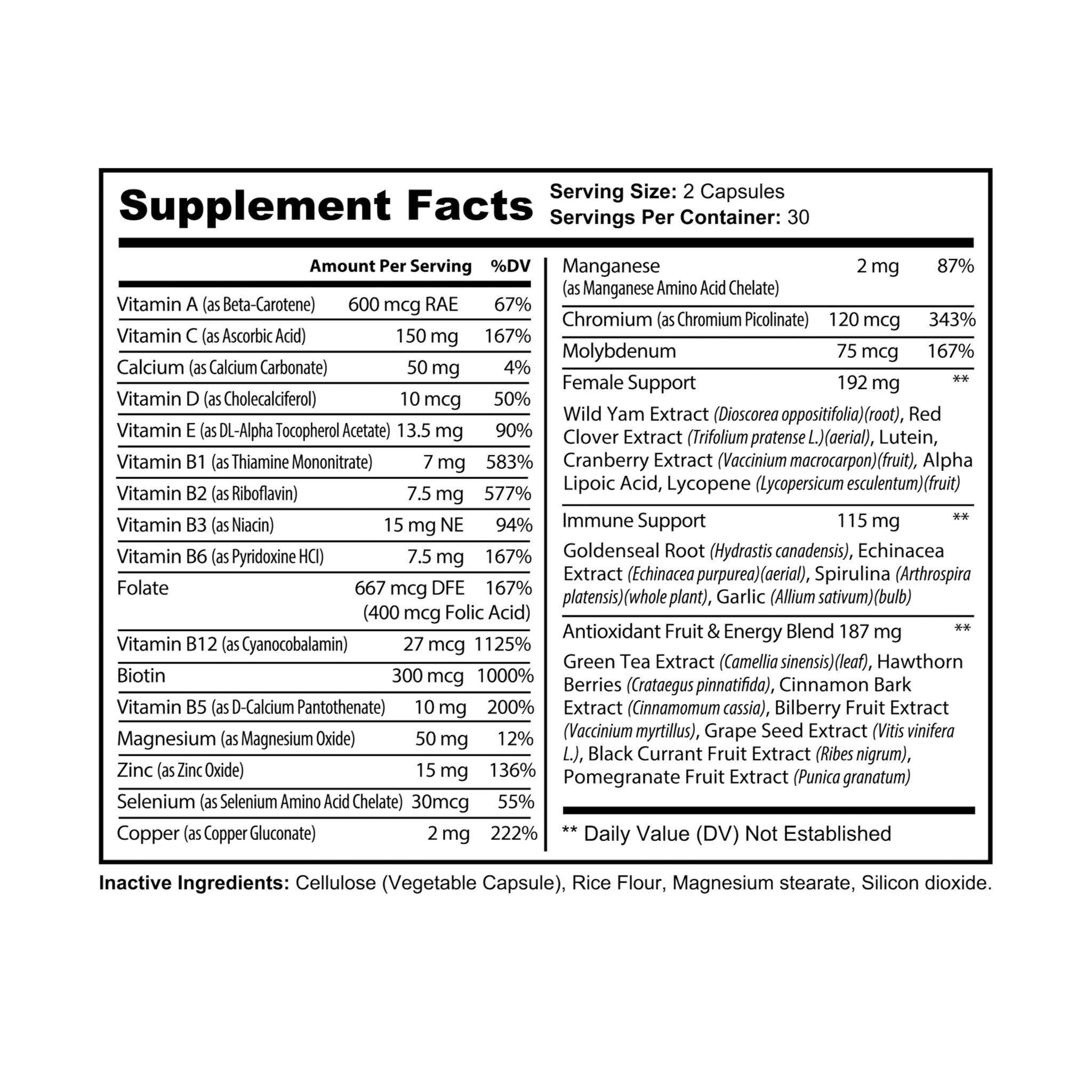 Supplement facts label with detailed nutritional information on a white background