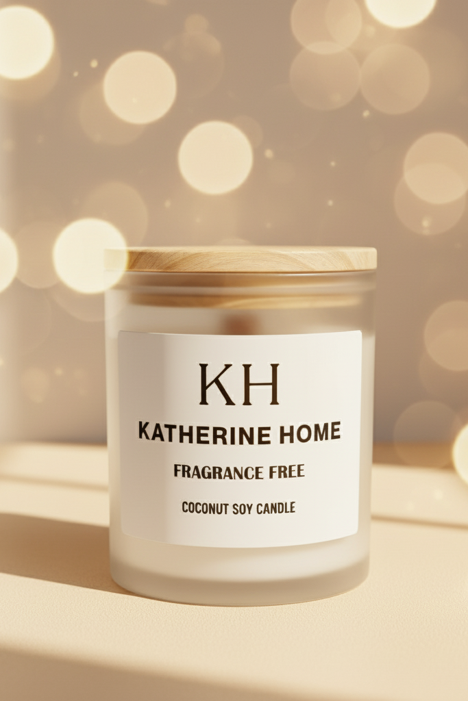 Candle with a wooden lid labeled 'KH Katherine Home' on a neutral background