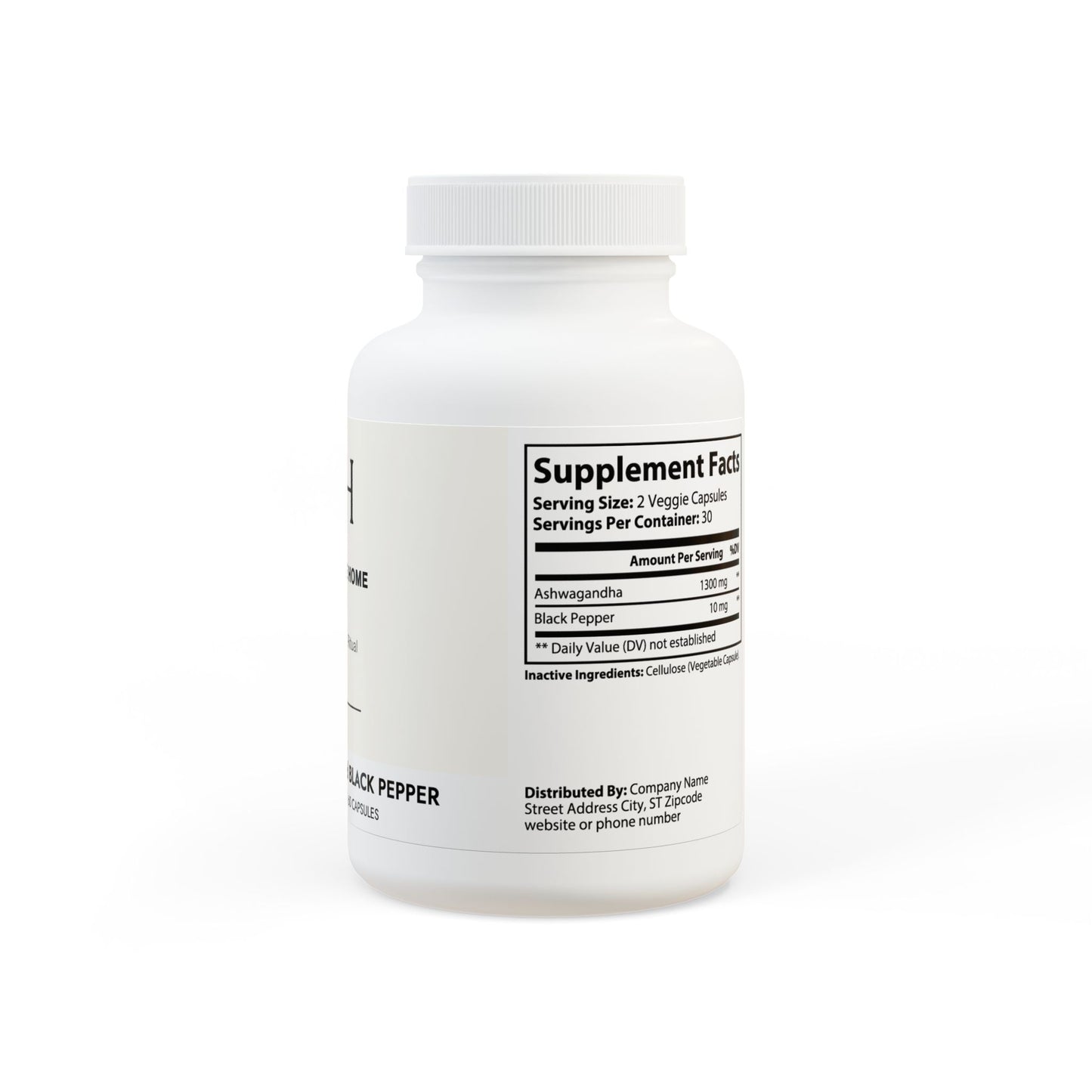 Ashwagandha supplement bottle with black pepper extract for stress support and well-being