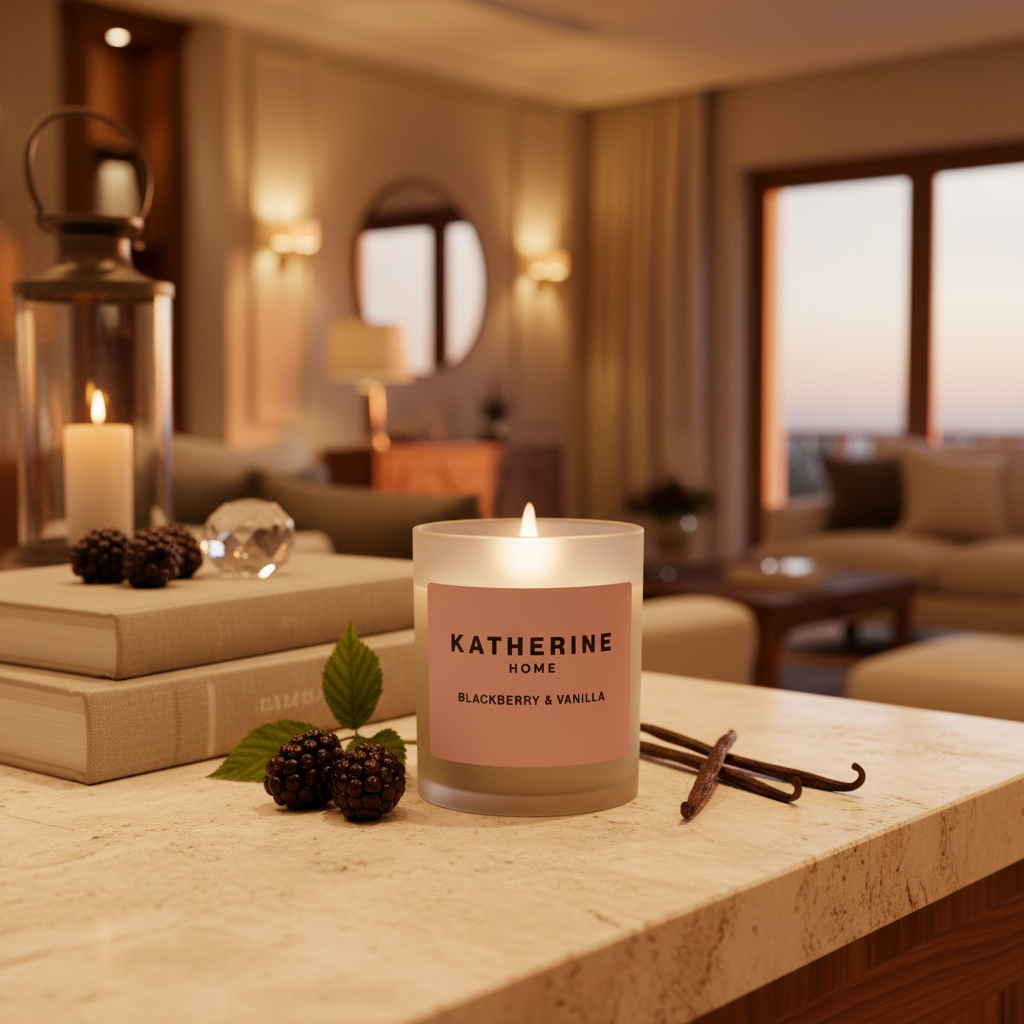 Candle with 'Katherine Home' label on a table in a cozy living room setting