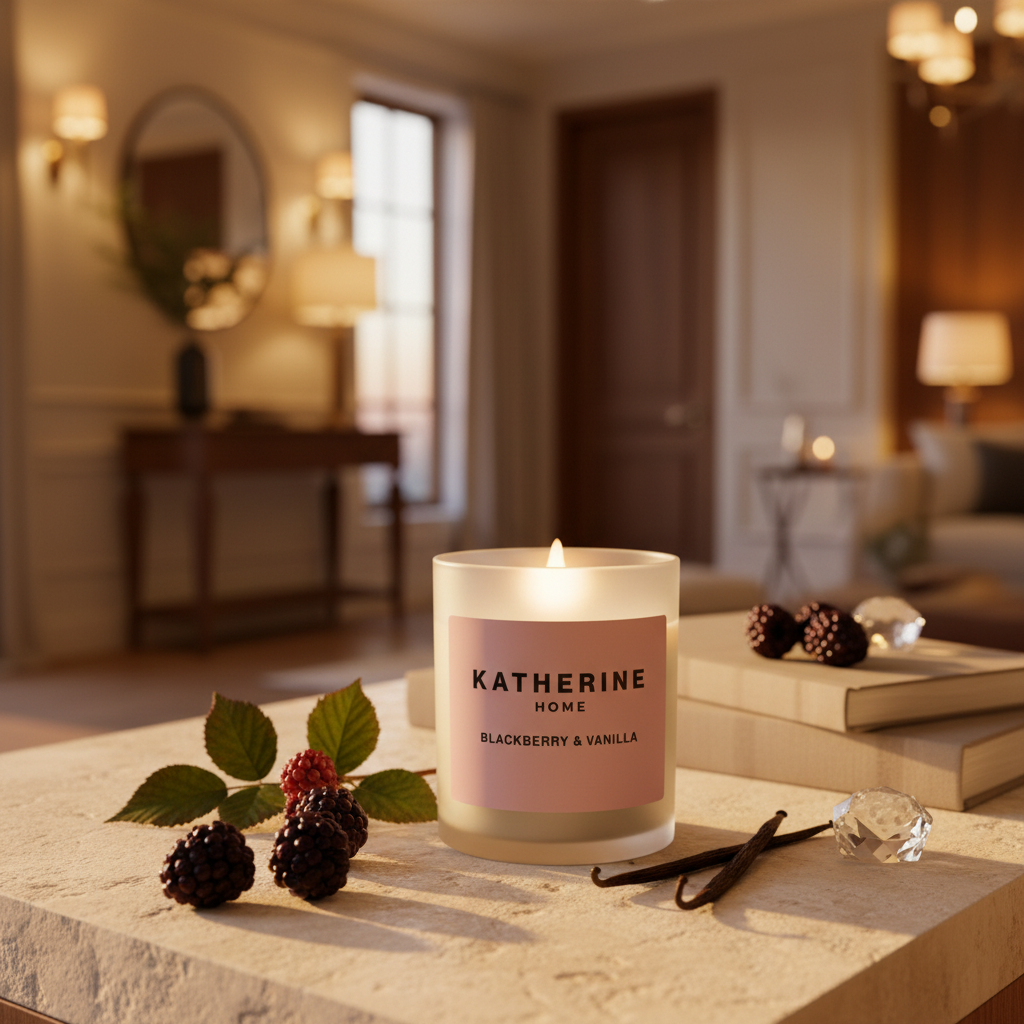 Candle labeled 'Katherine Home' on a table with blackberries and vanilla beans in a cozy room.