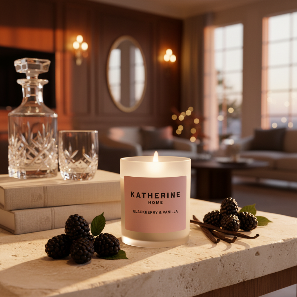 Candle labeled 'Katherine Home Blackberry & Vanilla' on a table with blackberries and vanilla beans, in a cozy indoor setting.