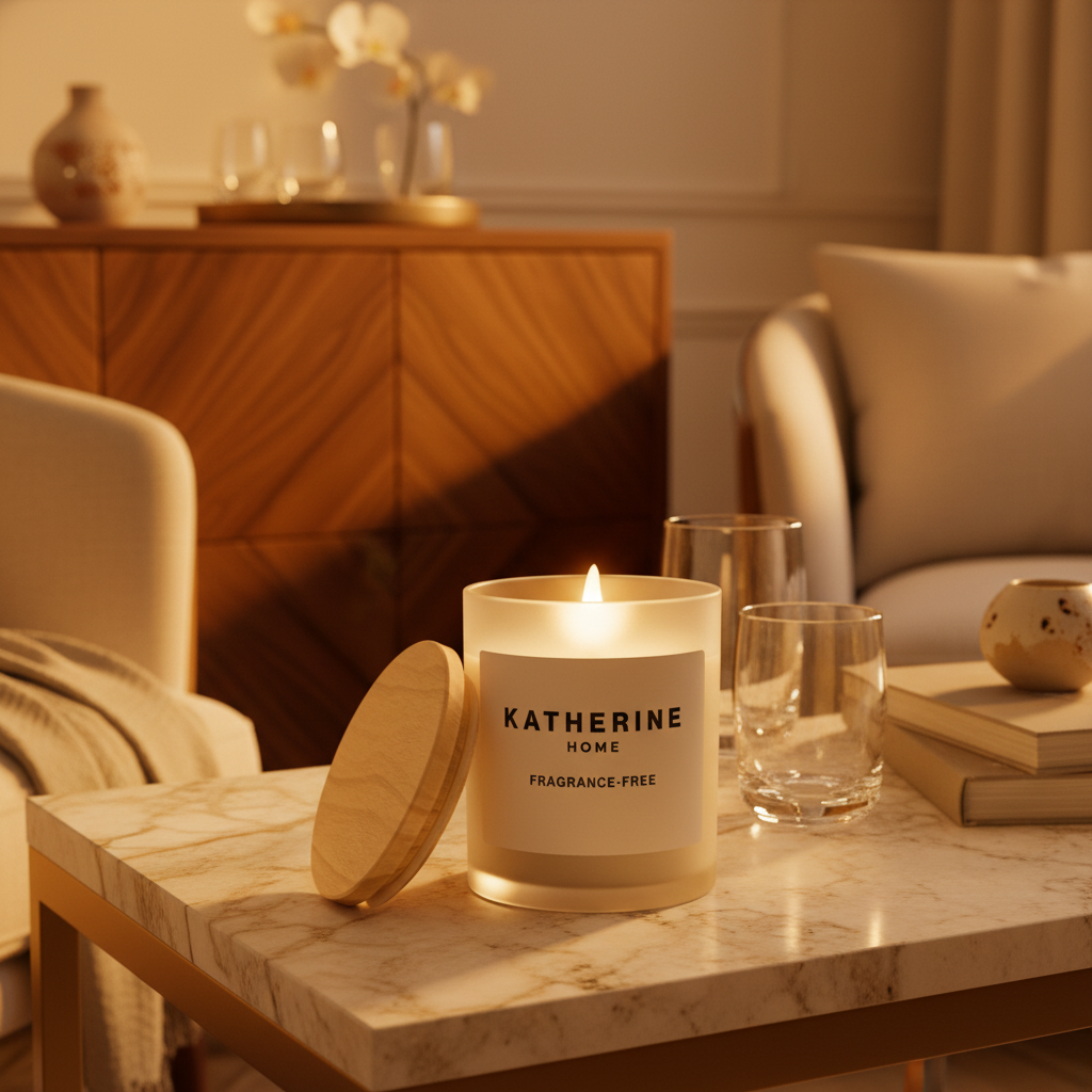 Candle labeled 'Katherine Home' on a marble table in a cozy living room.