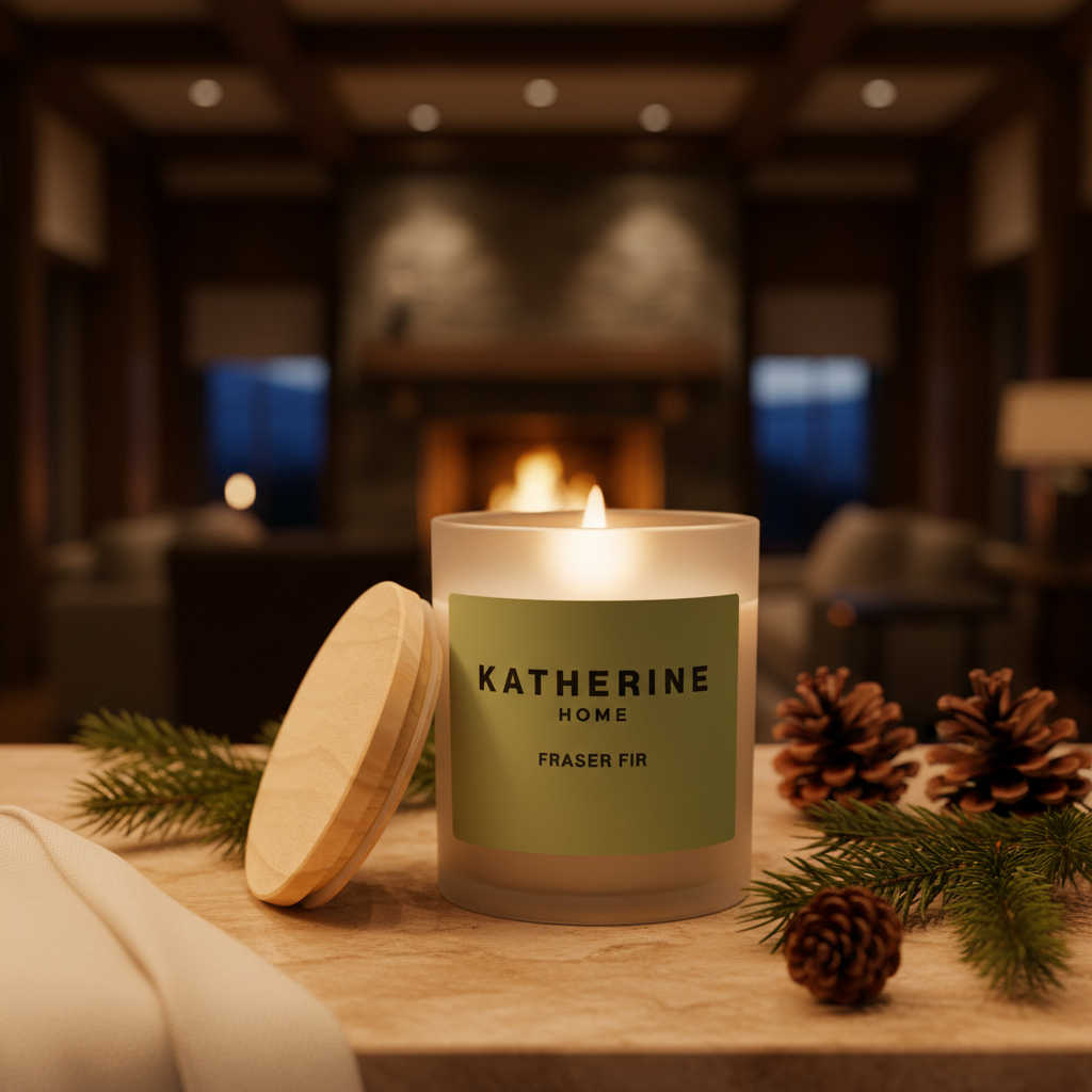 Candle labeled 'Katherine Home' with decorative elements on a wooden surface in a cozy room.