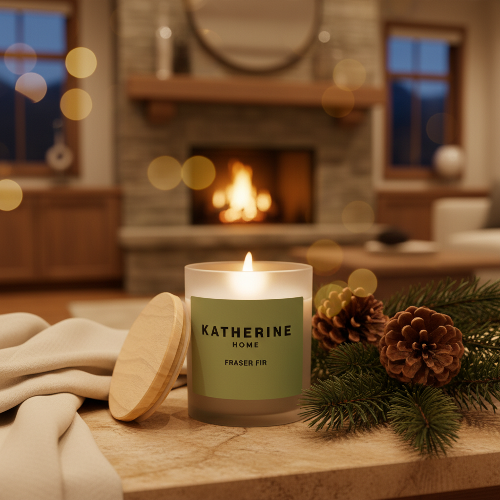 Candle labeled 'Katherine Home Fraser Fir' on a wooden surface with a fireplace in the background