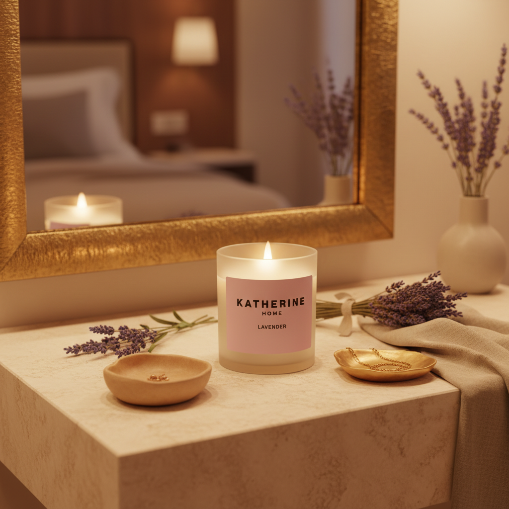 Candle labeled 'Katherine Home' on a table with lavender and a mirror reflecting a bedroom.