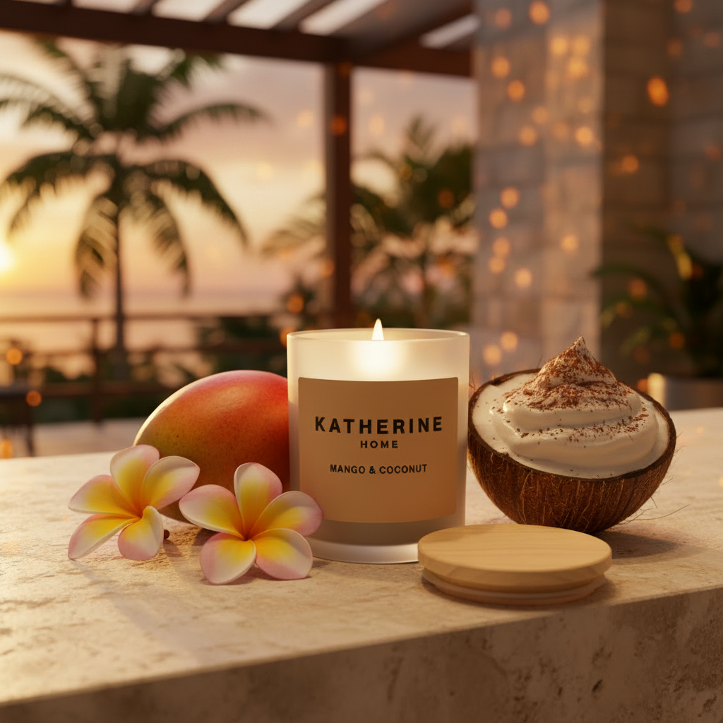 Candle labeled 'Katherine Home' with mango, coconut, and flowers on a table.