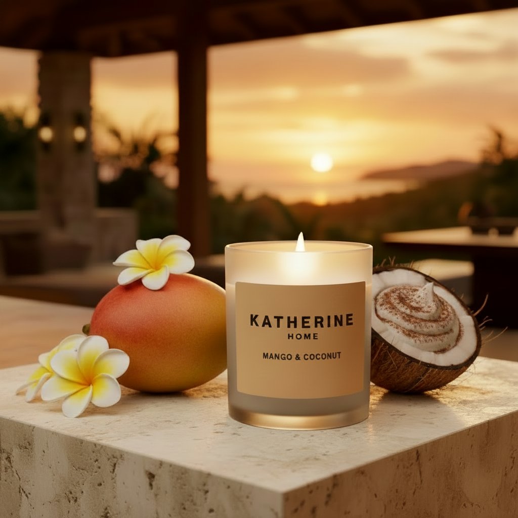 Candle labeled 'Katherine Home Mango & Coconut' with a mango, coconut, and flowers on a sunset background.