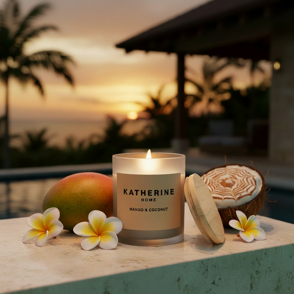 Candle labeled 'Katherine Home' with mango and coconut on a table with a sunset background