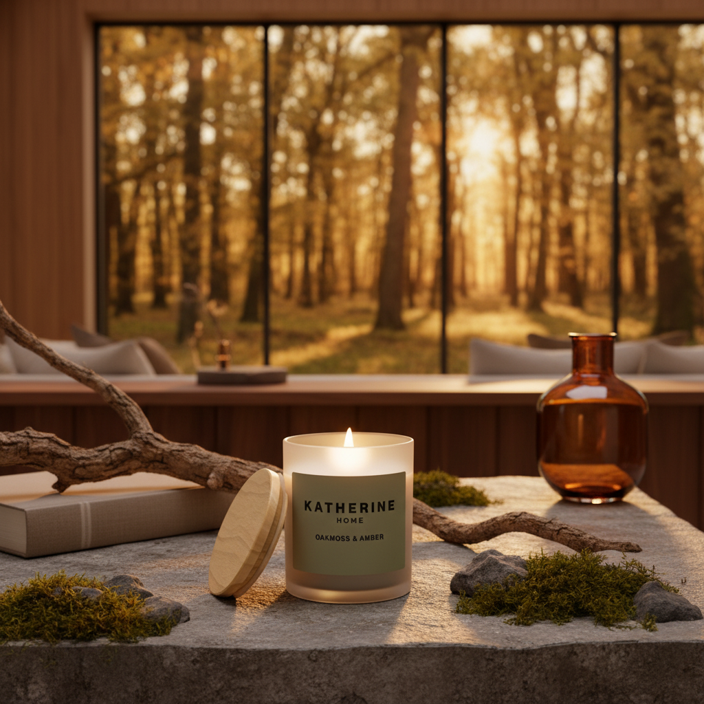 Candle with 'Katherine Home' branding in a serene setting with a forest view.