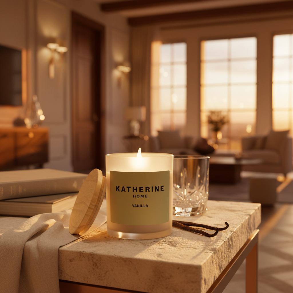 Candle labeled 'Katherine Home Vanilla' on a table with a blurred living room background