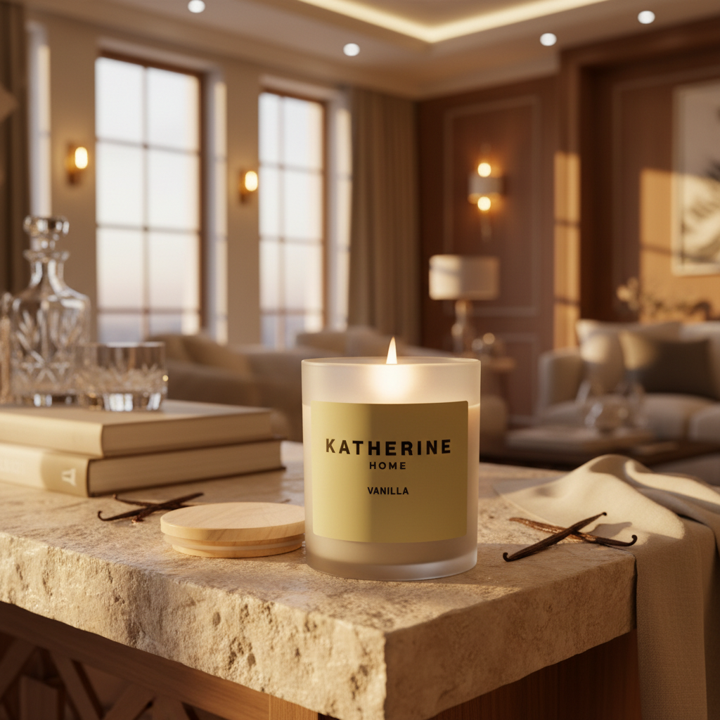 Candle labeled 'Katherine Home Vanilla' on a stone surface with a cozy room background