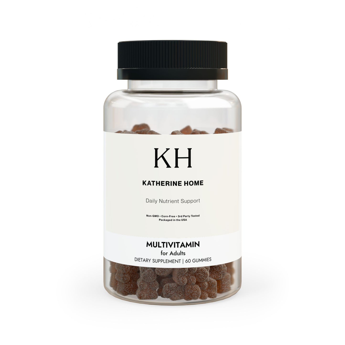 Front view of Katherine Home Multivitamin Gummies for Adults bottle with minimalist white label and black text design.