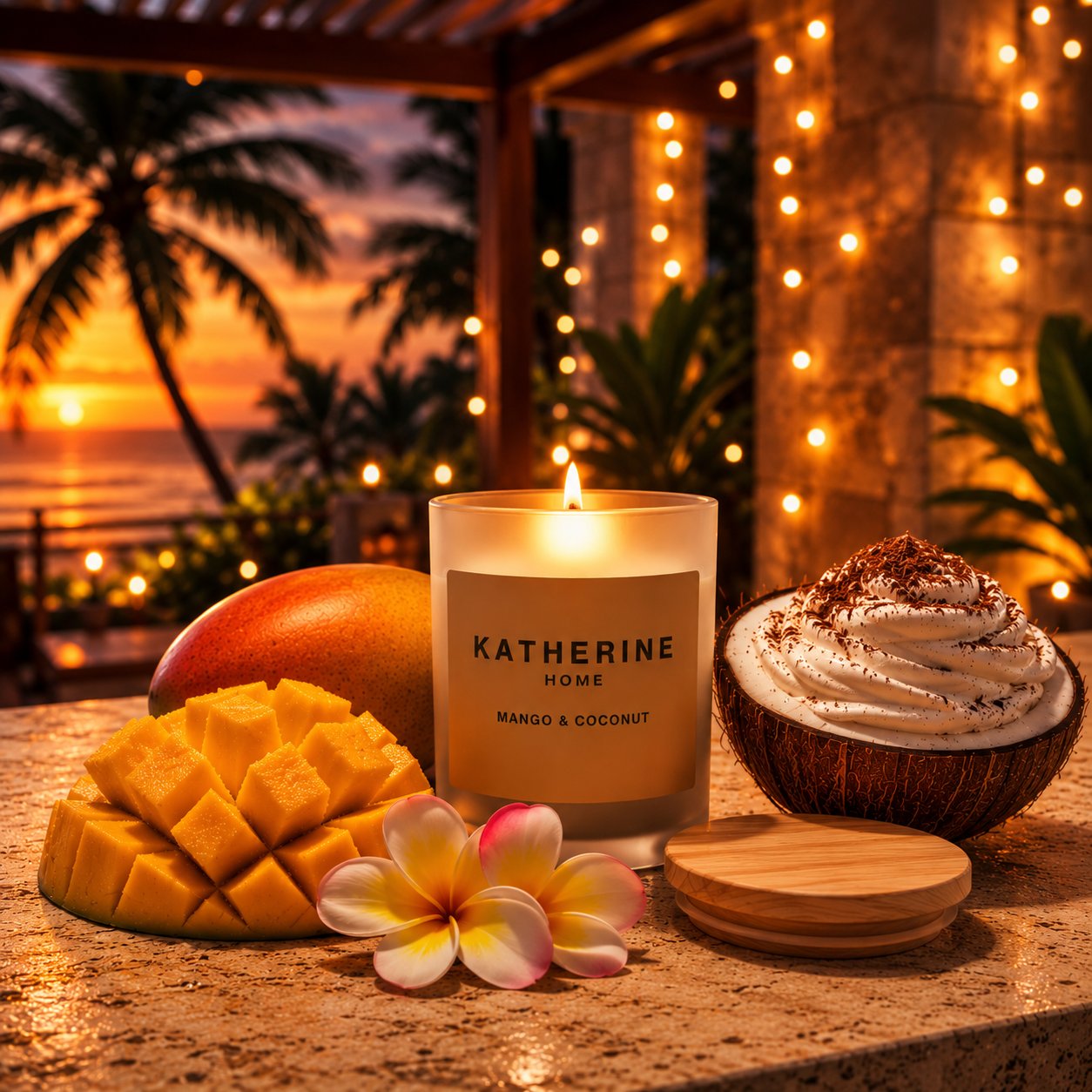Candle labeled 'Katherine Home' with mango and coconut on a table with a sunset and palm trees in the background.
