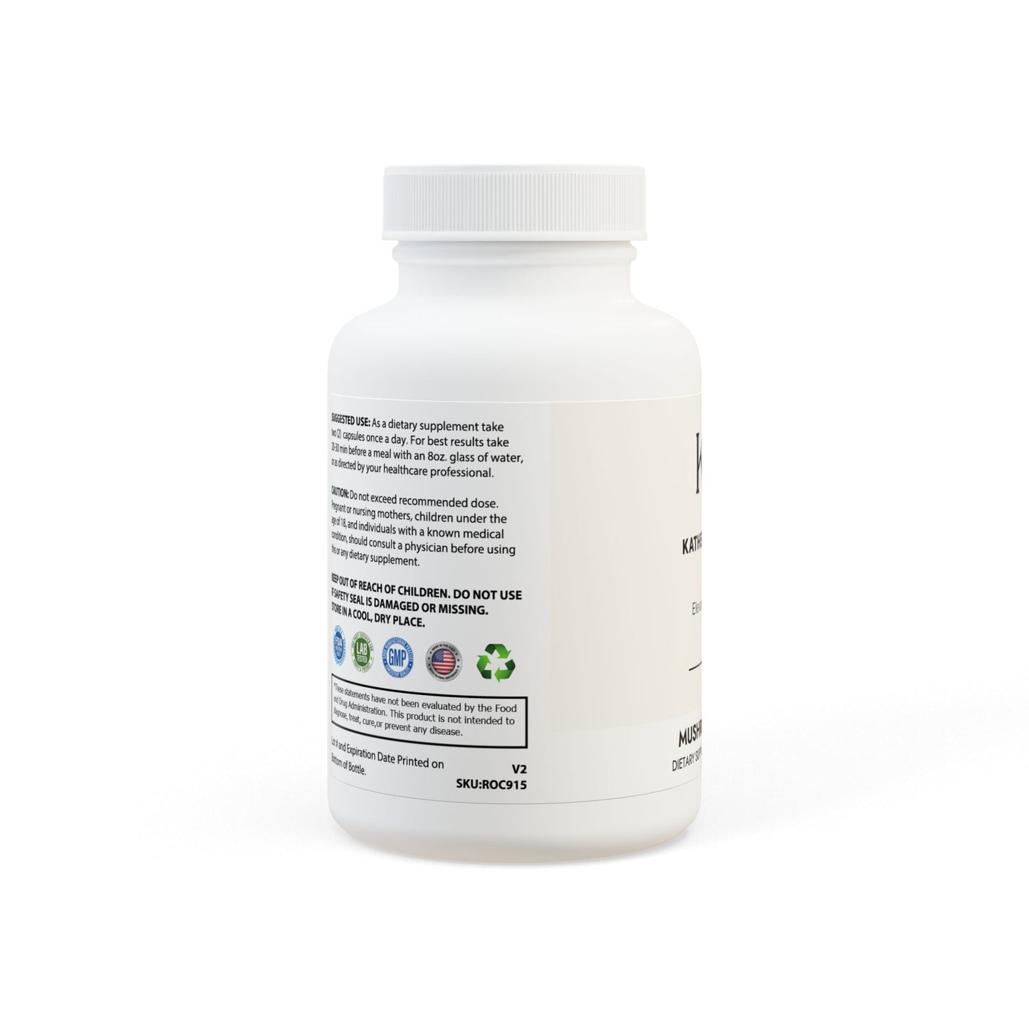 Left-facing view showing vegan, non-GMO, corn-free, lactose-free, and third-party tested icons.