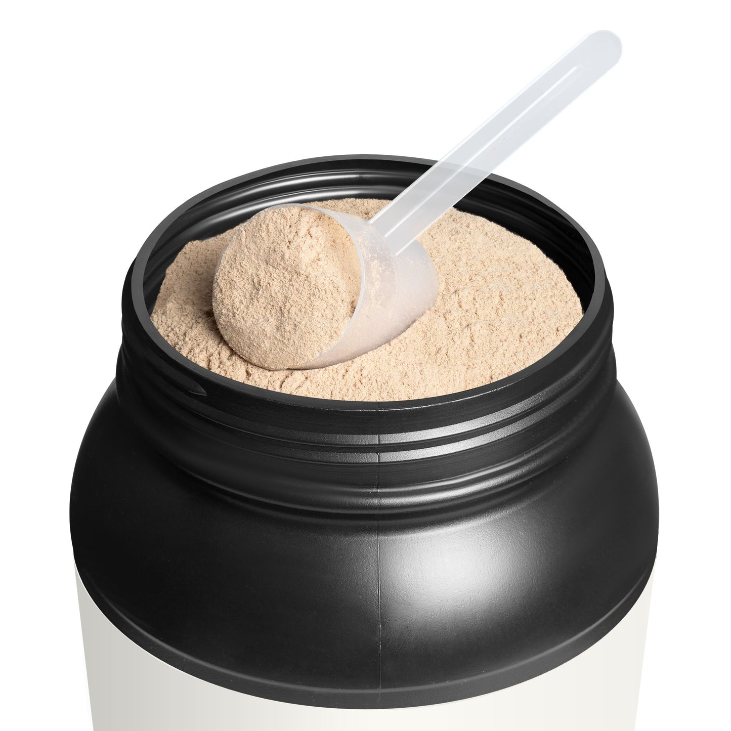 Overhead view of the protein container with visible scoop resting on the powder — a clean, realistic product usage context.