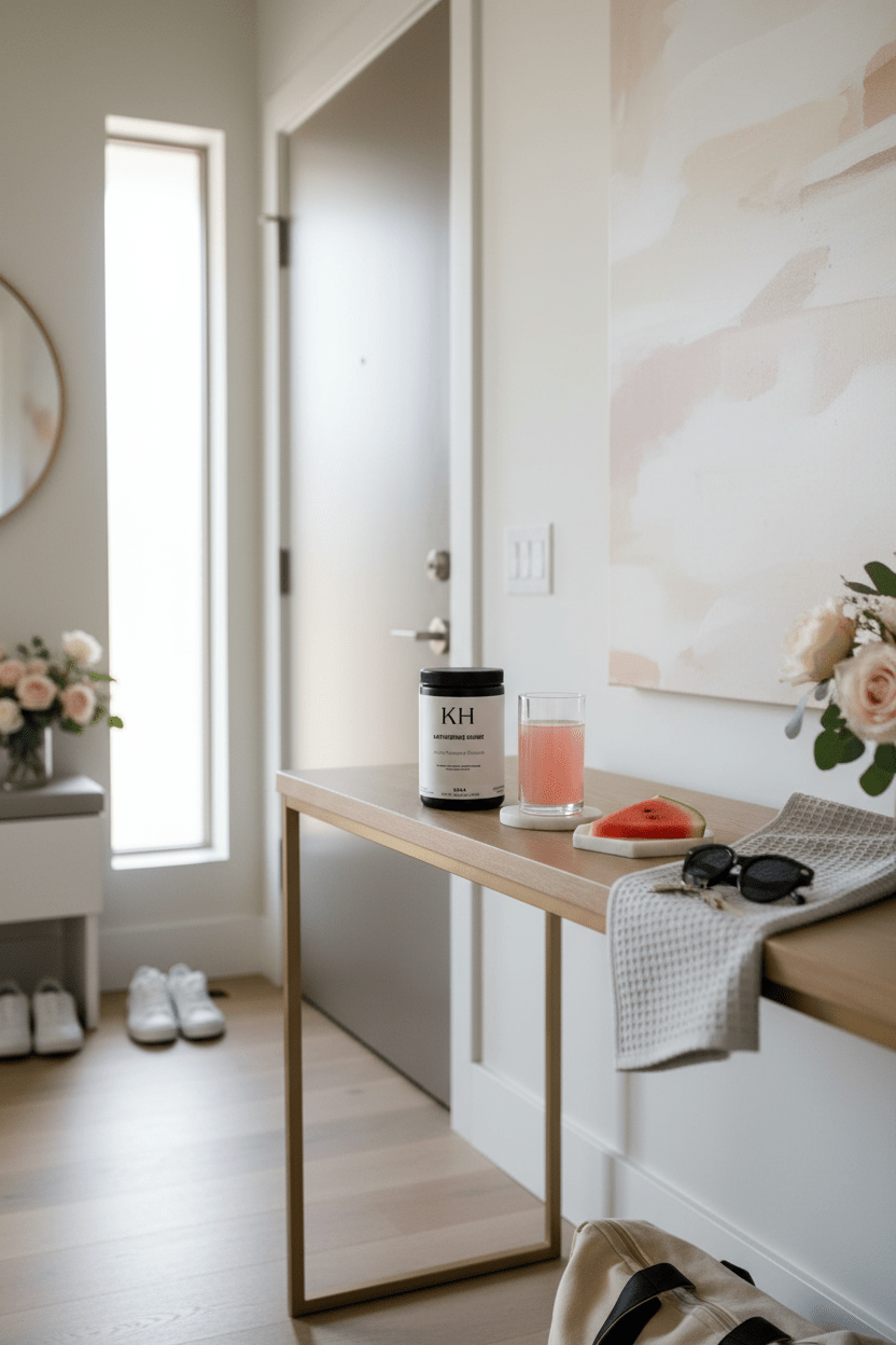 BCAA Supplement, Watermelon - KATHERINE HOMEFood SupplementsKATHERINE HOMEKATHERINE HOMEModern home entryway scene featuring Katherine Home BCAA Watermelon supplement and fresh ingredients.