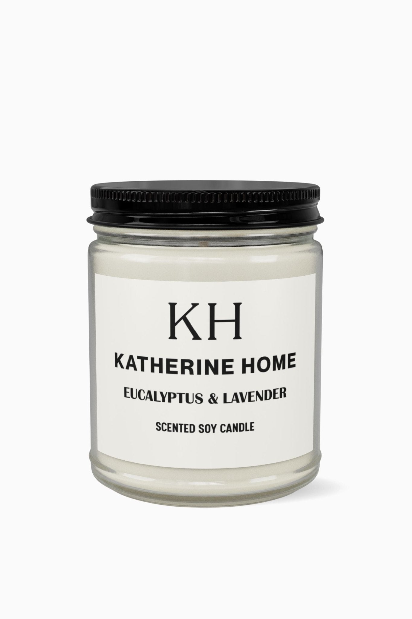Eucalyptus & Lavender - KATHERINE HOMEHome DecorKATHERINE HOMEKATHERINE HOMEKatherine Home Eucalyptus & Lavender scented soy candle in a clear glass jar, minimalist product hero image.Amber Jar + Black Lid4oz