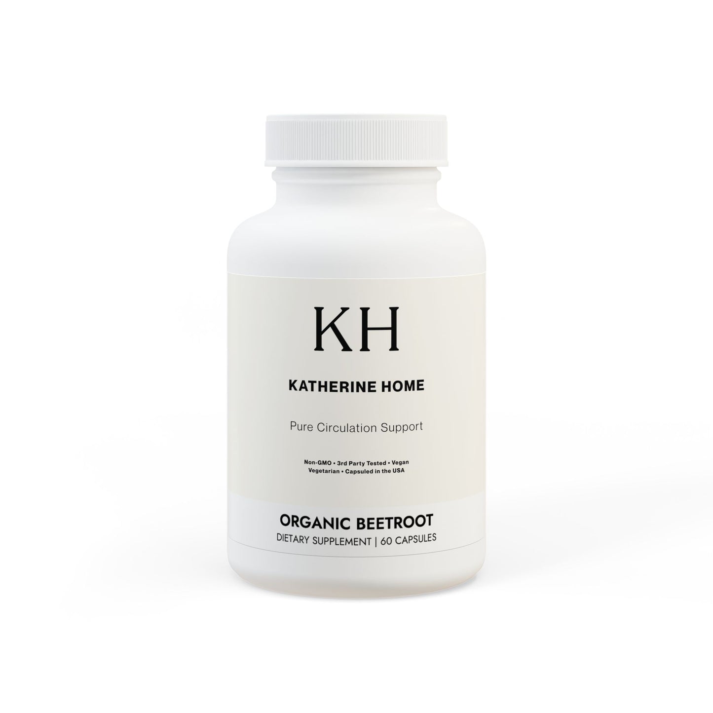 KH Katherine Home Beetroot Supplement bottle, minimalist white label with black typography, Pure Circulation Support.