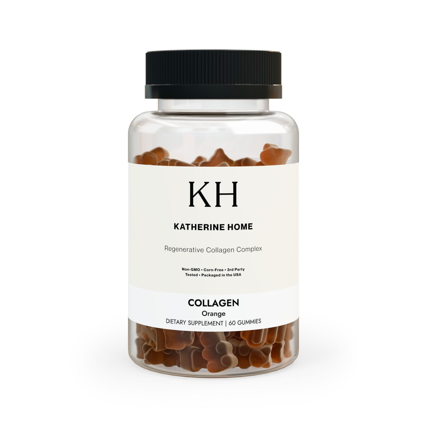 Katherine Home Collagen Gummies bottle labeled “Regenerative Collagen Complex,” displayed upright with amber gummies visible through a clear jar.