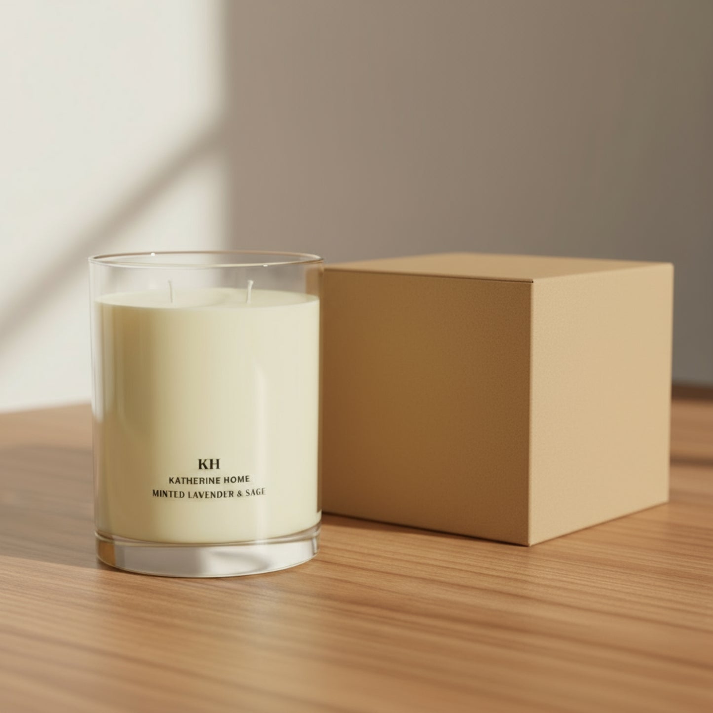 Minted Lavender & Sage soy candle on wooden surface, with box, offering a refreshing fragrance with sea salt, lavender, and mint accents.