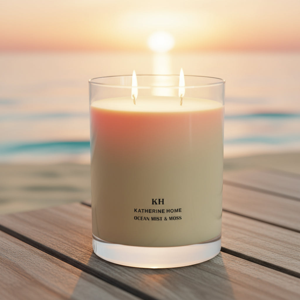 Ocean Mist & Moss candle glowing at sunset on a wooden surface, evoking a calm, seaside mood.