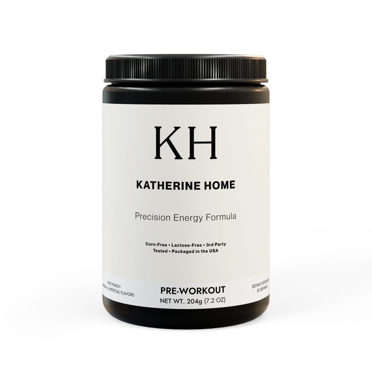Katherine Home Pre-Workout Supplement in Fruit Punch flavor with minimalist black-and-white label design, featuring Precision Energy Formula tagline.