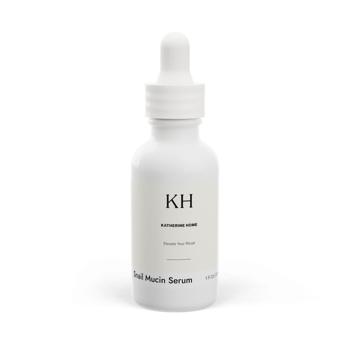 Front view of Katherine Home Snail Mucin Facial Serum in white 1 oz dropper bottle