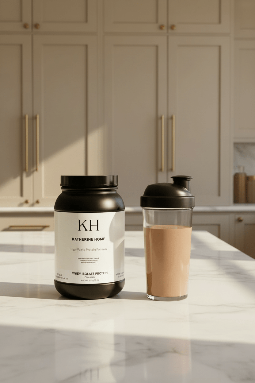 Whey Isolate Protein Supplement (Chocolate) by KATHERINE HOME with shake and shaker bottle on a countertop