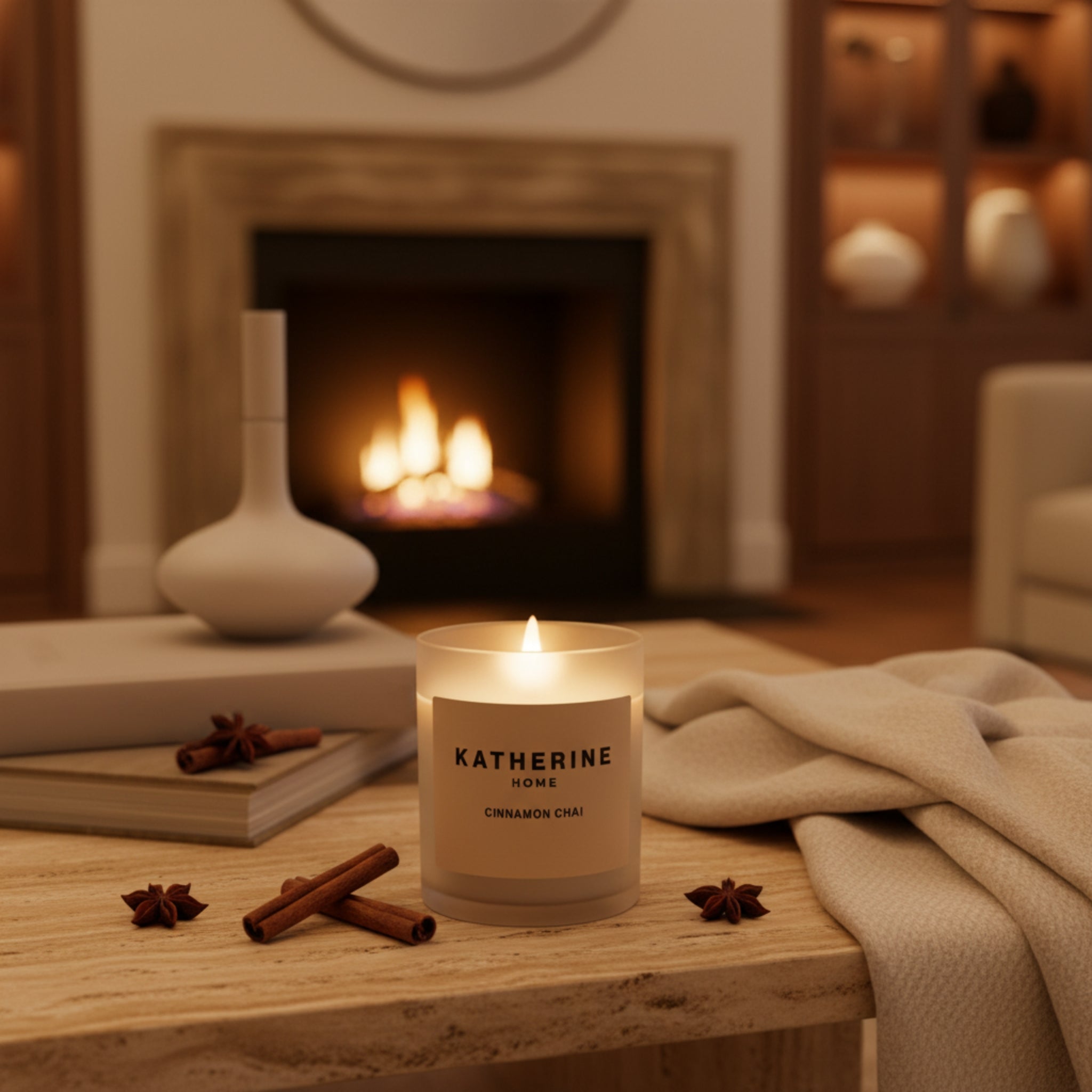 Candle labeled 'Katherine Home' with cinnamon sticks on a wooden table in front of a fireplace.