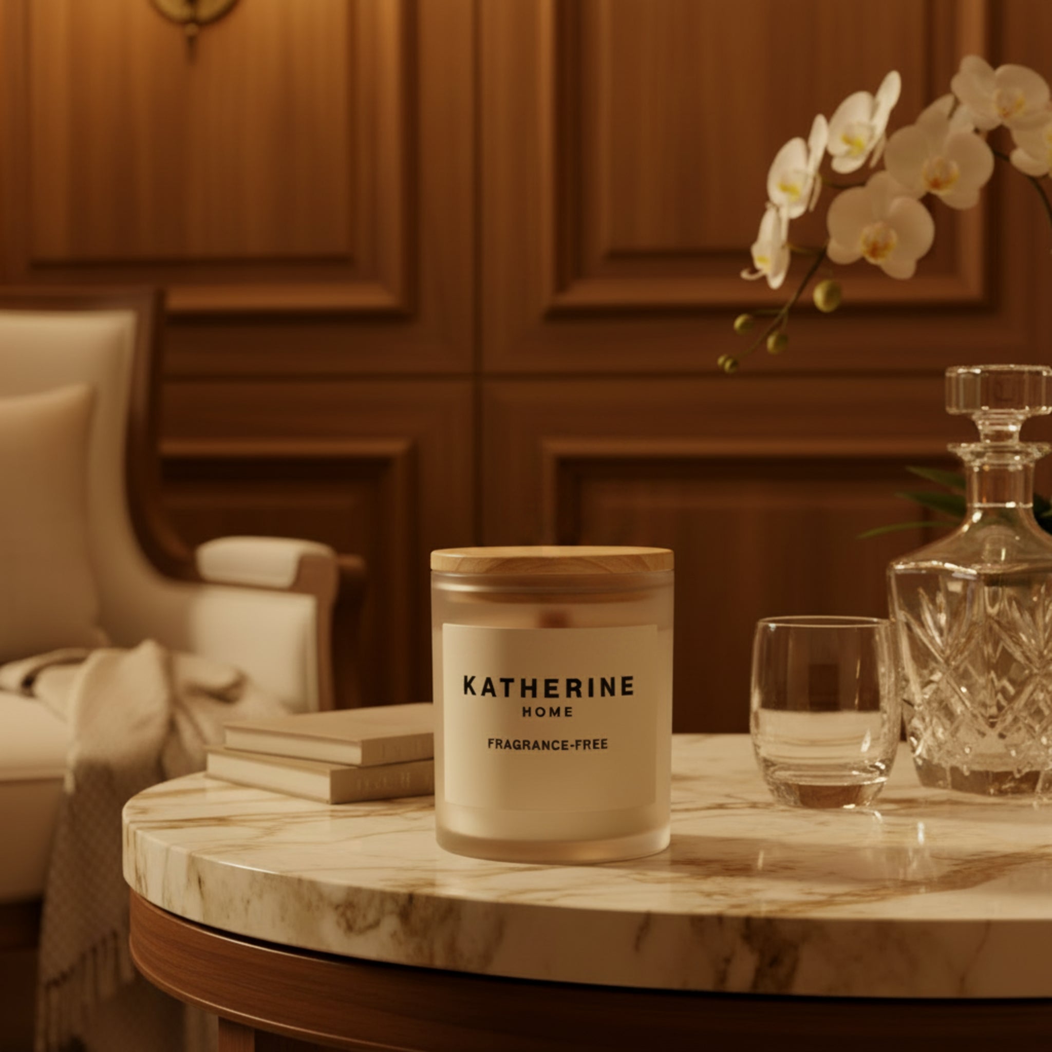 Candle labeled 'Katherine Home' on a marble table with decorative items.