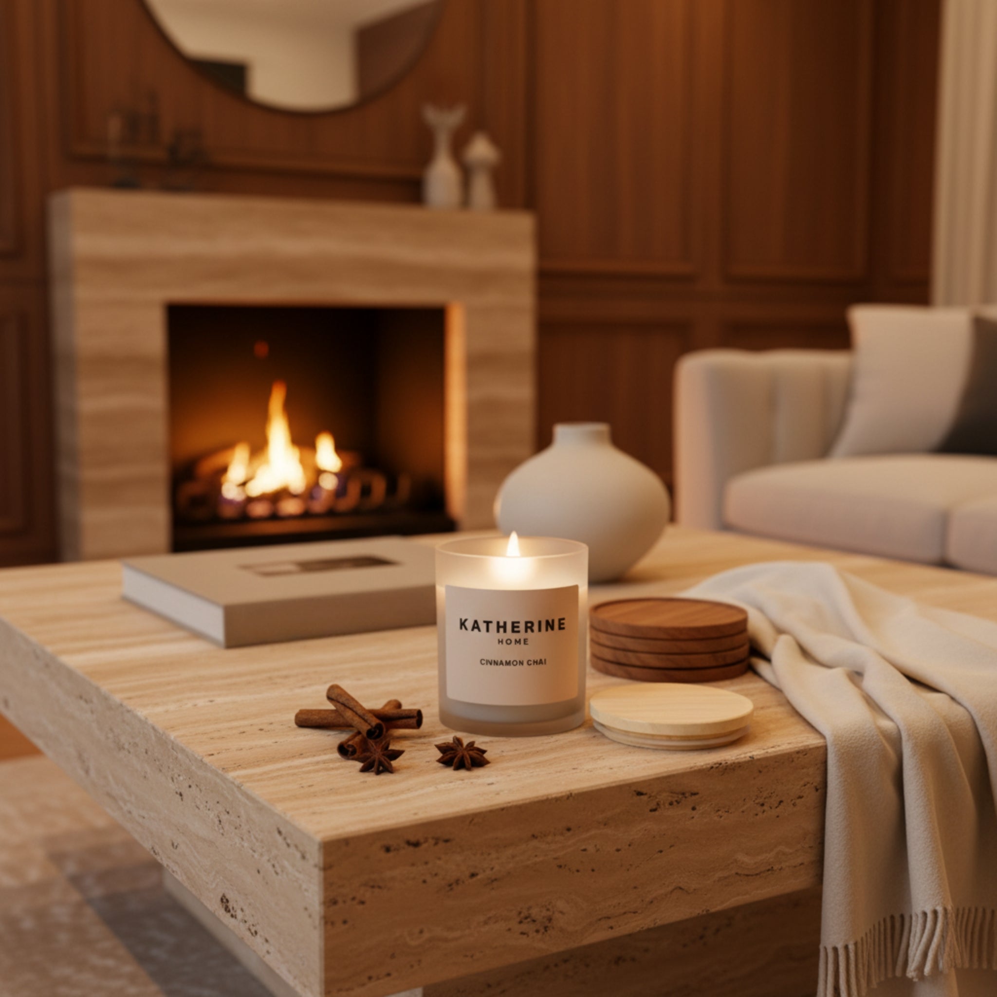 Candle on a coffee table with a fireplace in the background