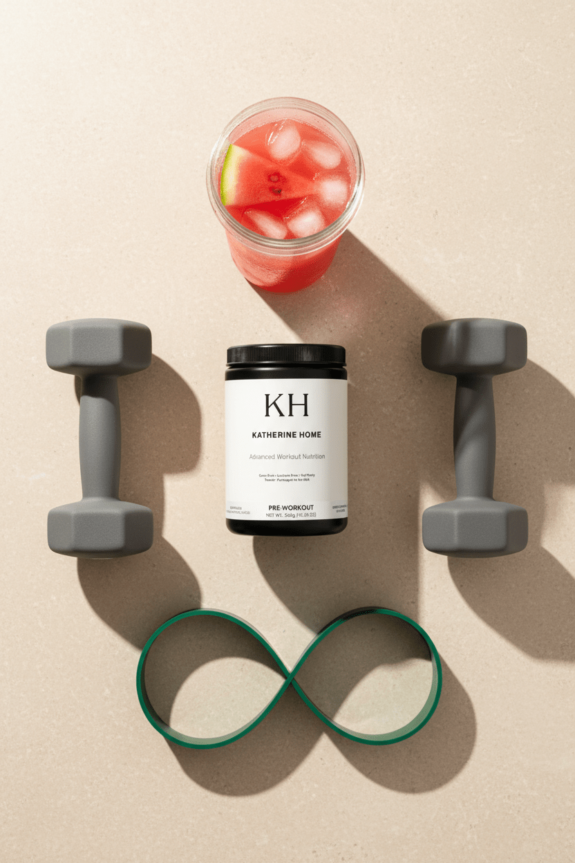 Pre Workout Supplement Watermelon - KATHERINE HOMEFood SupplementsKATHERINE HOMEKATHERINE HOMEKatherine Home pre - workout supplement arranged with dumbbells, resistance band, and watermelon drink in a clean flat lay fitness scene.