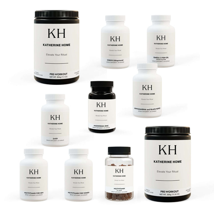Katherine Home supplement collection featuring Pre-Workout, protein, capsules, and powder formulas arranged on a white background.