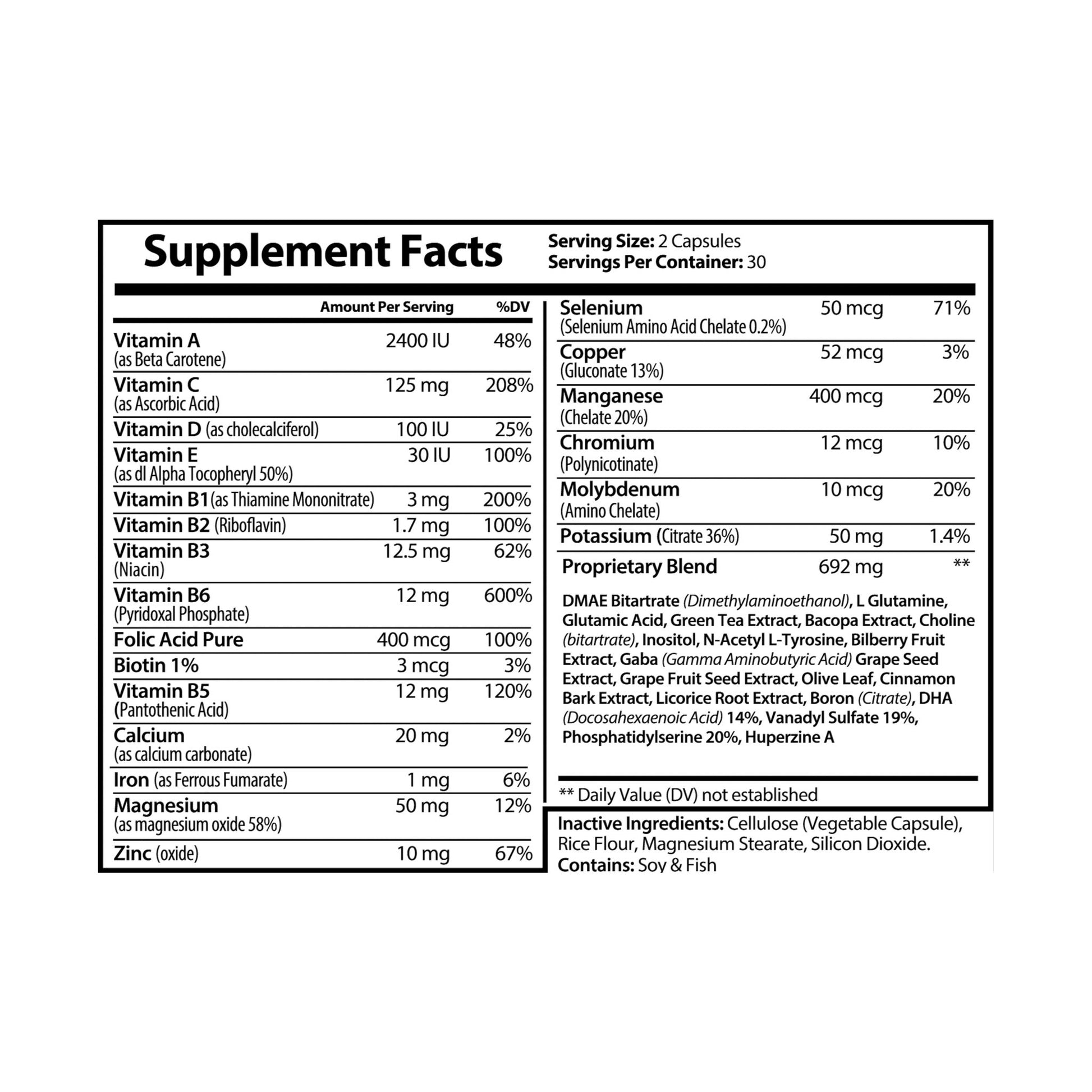 Supplement facts for Brain Support Complex, showing vitamins, minerals, amino acids, and extracts designed to enhance brain function.