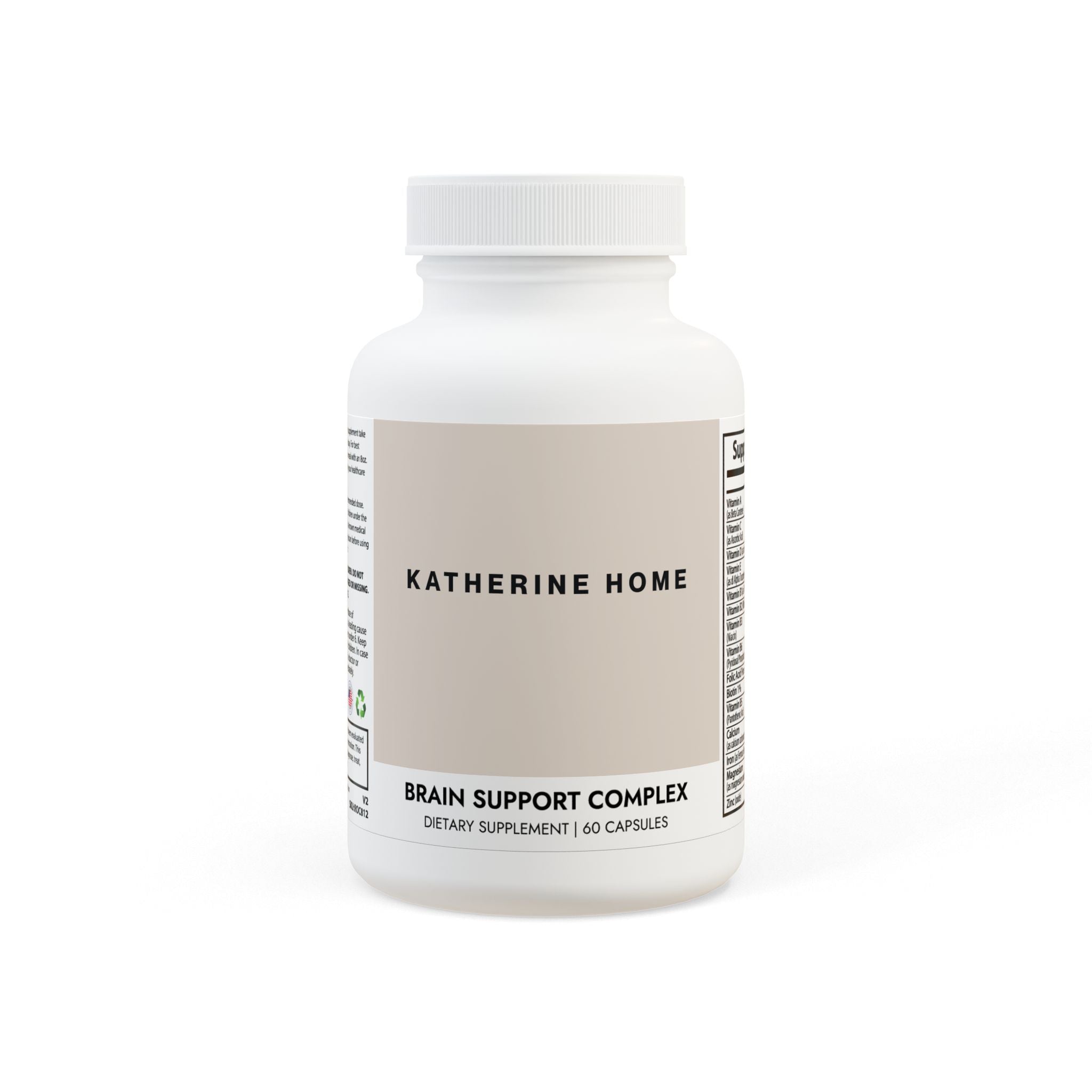 Supplement bottle labeled 'Katherine Home Brain Support Complex' on a white background