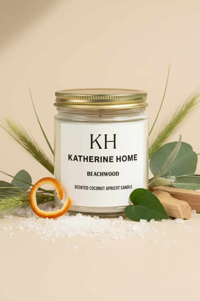 Candle jar with a white label featuring 'KH Katherine Home' on a white background