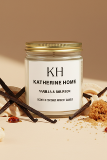 Katherine Home vanilla and bourbon scented candle with vanilla beans and brown sugar on a beige background