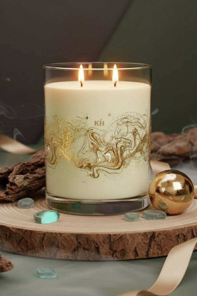 Candle with gold design on a wooden coaster with decorative elements