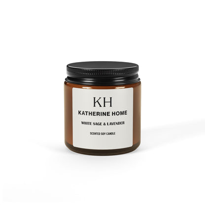 White Sage & Lavender scented soy candle in glass jar, creating a calming atmosphere with notes of lavender, sage, and cedarwood.