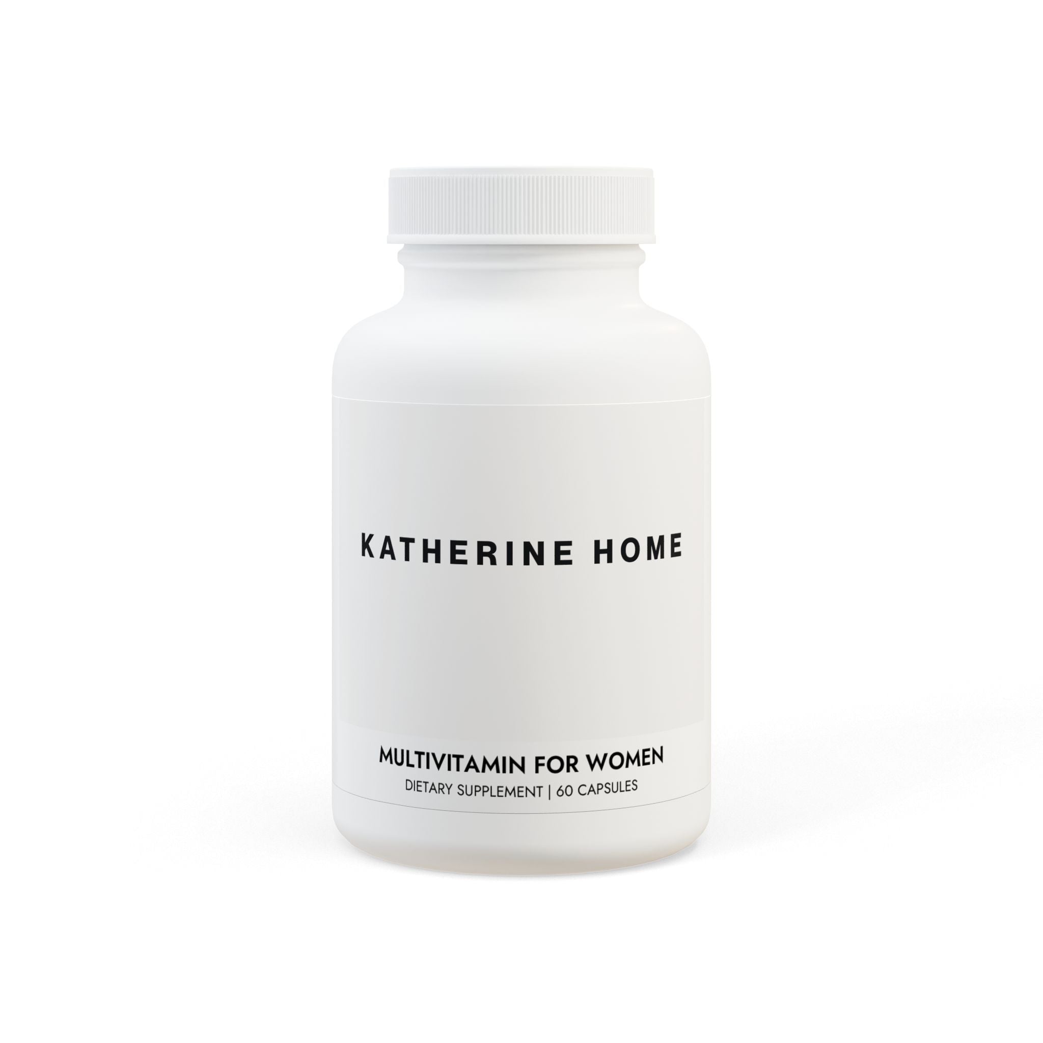 White supplement bottle labeled 'Katherine Home Multivitamin for Women' on a white background