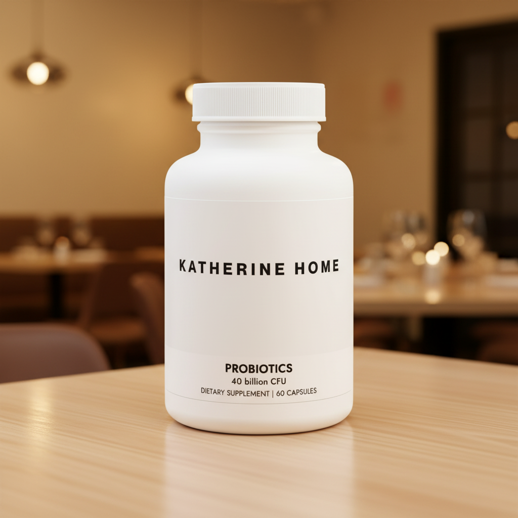 White bottle labeled 'Katherine Home' on a wooden table with a blurred indoor background